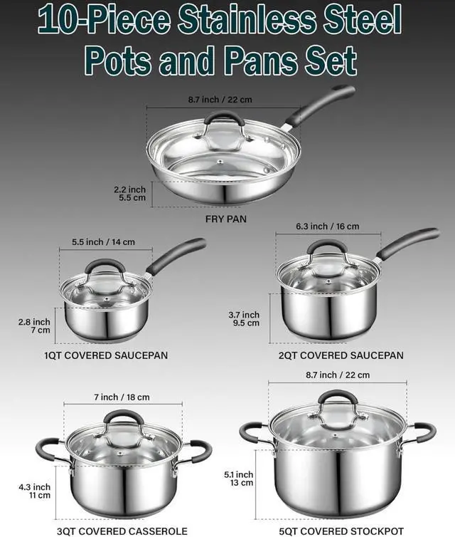 Alt view image 2 of 7 - 10-Piece Stainless Steel Cookware Set with Encapsulated Bottoms, Stay-Cool Handles and Glass Lids, Induction Compatible Oven and Dishwasher Safe