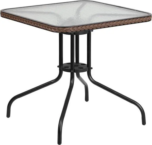 Main image of 28 Inch Square Tempered Glass Table, All Weather Metal Frame Dining Table with Decorative Rattan Edge, Protective Foot Pad Leisure Table for Indoor Outdoor Patio Bistro Home Use
