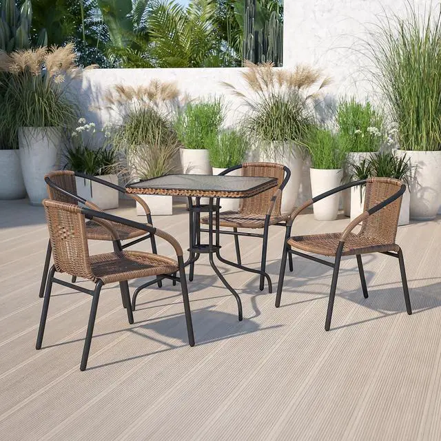 Alt view image 2 of 4 - 28 Inch Square Tempered Glass Table, All Weather Metal Frame Dining Table with Decorative Rattan Edge, Protective Foot Pad Leisure Table for Indoor Outdoor Patio Bistro Home Use