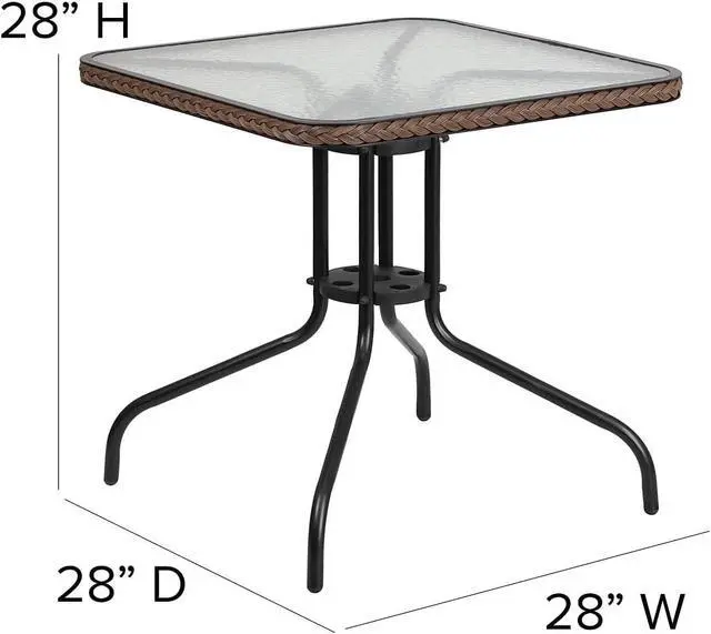 Alt view image 3 of 4 - 28 Inch Square Tempered Glass Table, All Weather Metal Frame Dining Table with Decorative Rattan Edge, Protective Foot Pad Leisure Table for Indoor Outdoor Patio Bistro Home Use