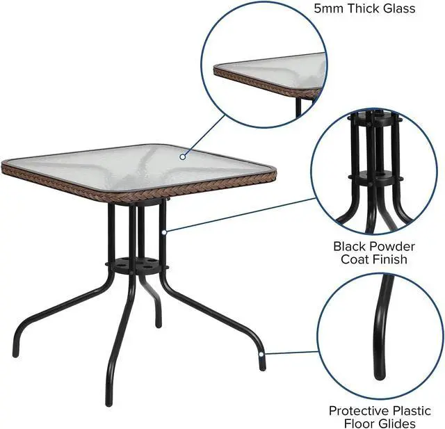 Alt view image 4 of 4 - 28 Inch Square Tempered Glass Table, All Weather Metal Frame Dining Table with Decorative Rattan Edge, Protective Foot Pad Leisure Table for Indoor Outdoor Patio Bistro Home Use