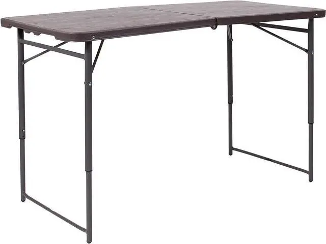 Main image of 4-Foot Height Adjustable Bi-Fold Folding Table, Brown Wood Grain Plastic Top with Carrying Handle, Indoor Outdoor Utility Table