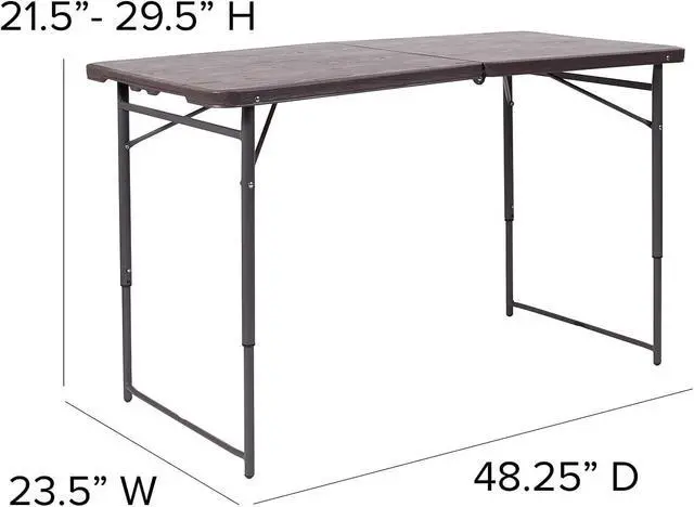 Alt view image 3 of 7 - 4-Foot Height Adjustable Bi-Fold Folding Table, Brown Wood Grain Plastic Top with Carrying Handle, Indoor Outdoor Utility Table