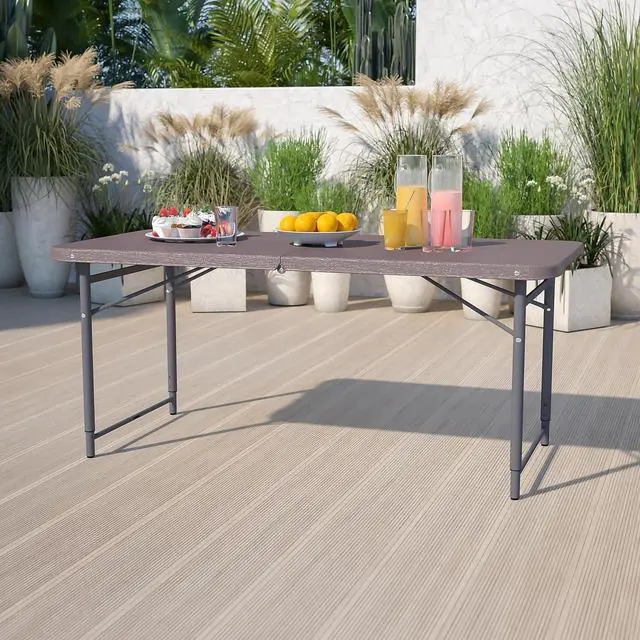 Alt view image 2 of 7 - 4-Foot Height Adjustable Bi-Fold Folding Table, Brown Wood Grain Plastic Top with Carrying Handle, Indoor Outdoor Utility Table