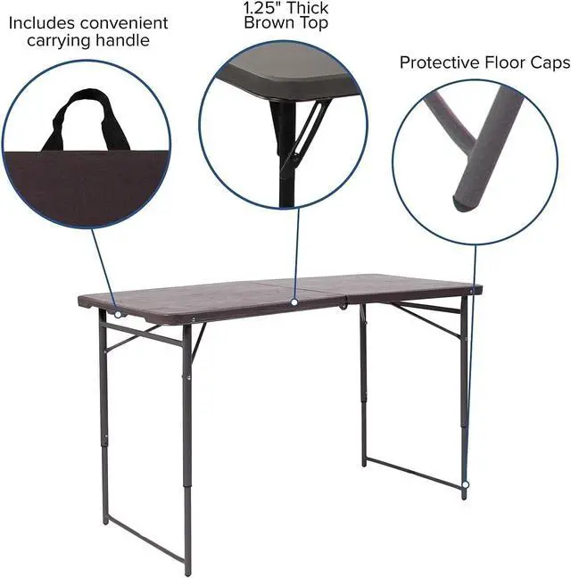 Alt view image 4 of 7 - 4-Foot Height Adjustable Bi-Fold Folding Table, Brown Wood Grain Plastic Top with Carrying Handle, Indoor Outdoor Utility Table