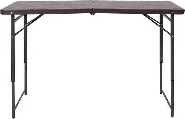 Alt view image 6 of 7 - 4-Foot Height Adjustable Bi-Fold Folding Table, Brown Wood Grain Plastic Top with Carrying Handle, Indoor Outdoor Utility Table