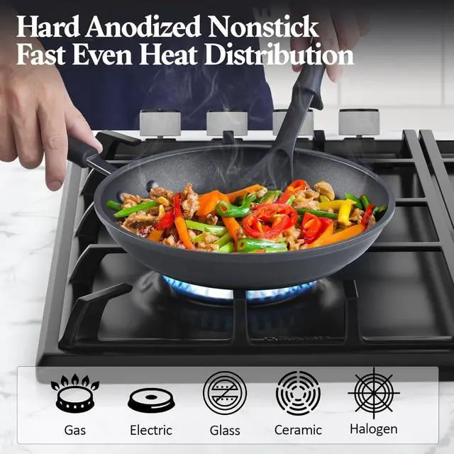 Alt view image 3 of 7 - 12-Piece Hard Anodized Nonstick Cookware Set with Stay-Cool Handles, Oven Safe Dishwasher Safe Pots and Pans for Kitchen Cooking