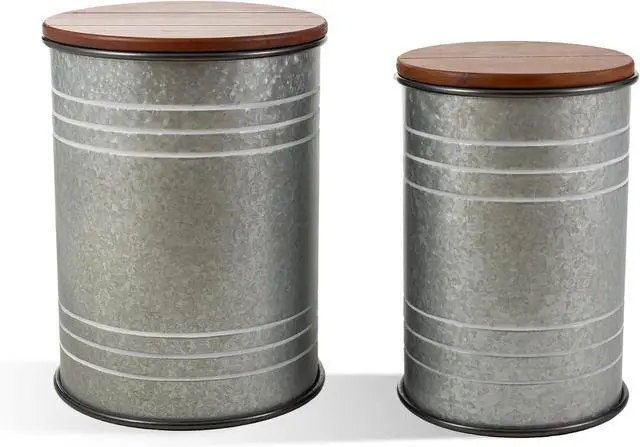 Main image of Set of 2 Rustic Farmhouse Storage Stools, Galvanized Metal Barrel End Tables with Round Wooden Lid, Nestable Accent Side Ottoman for Living Room Bedroom Decor