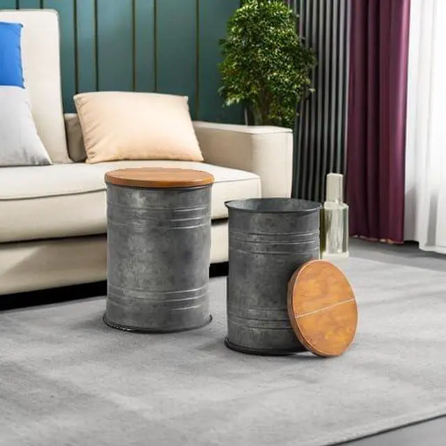 Alt view image 6 of 7 - Set of 2 Rustic Farmhouse Storage Stools, Galvanized Metal Barrel End Tables with Round Wooden Lid, Nestable Accent Side Ottoman for Living Room Bedroom Decor
