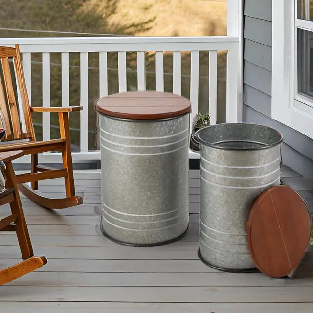 Alt view image 2 of 7 - Set of 2 Rustic Farmhouse Storage Stools, Galvanized Metal Barrel End Tables with Round Wooden Lid, Nestable Accent Side Ottoman for Living Room Bedroom Decor