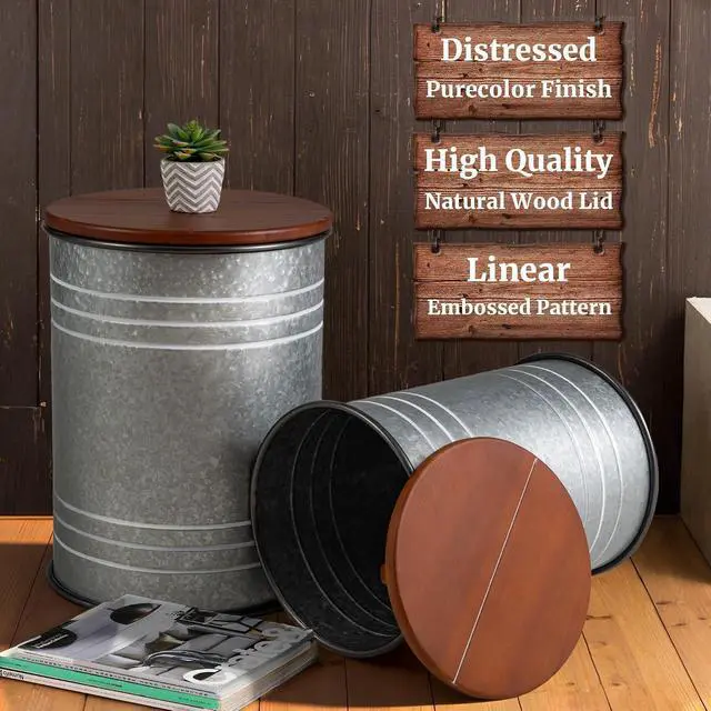 Alt view image 4 of 7 - Set of 2 Rustic Farmhouse Storage Stools, Galvanized Metal Barrel End Tables with Round Wooden Lid, Nestable Accent Side Ottoman for Living Room Bedroom Decor