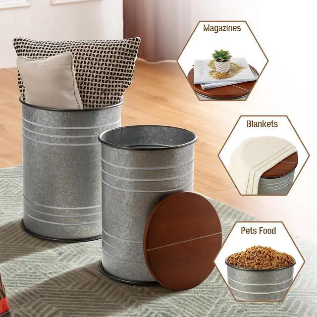 Alt view image 5 of 7 - Set of 2 Rustic Farmhouse Storage Stools, Galvanized Metal Barrel End Tables with Round Wooden Lid, Nestable Accent Side Ottoman for Living Room Bedroom Decor