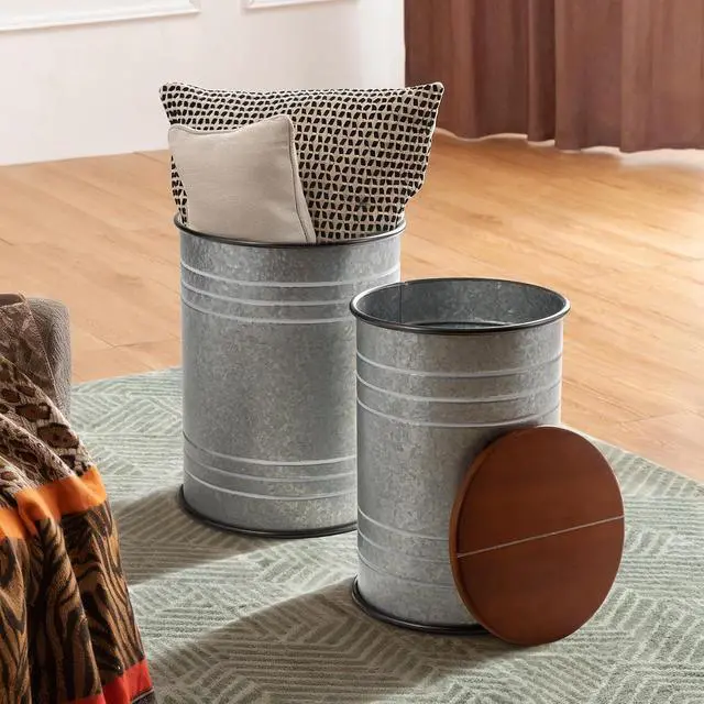 Alt view image 7 of 7 - Set of 2 Rustic Farmhouse Storage Stools, Galvanized Metal Barrel End Tables with Round Wooden Lid, Nestable Accent Side Ottoman for Living Room Bedroom Decor