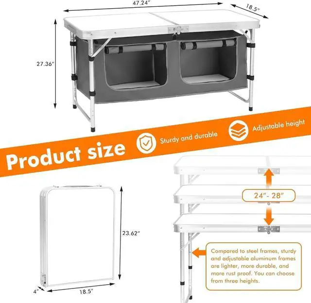 Alt view image 3 of 7 - Folding Aluminum Camping Table with Adjustable Legs for Outdoor Beach Backyard BBQ Party Picnic