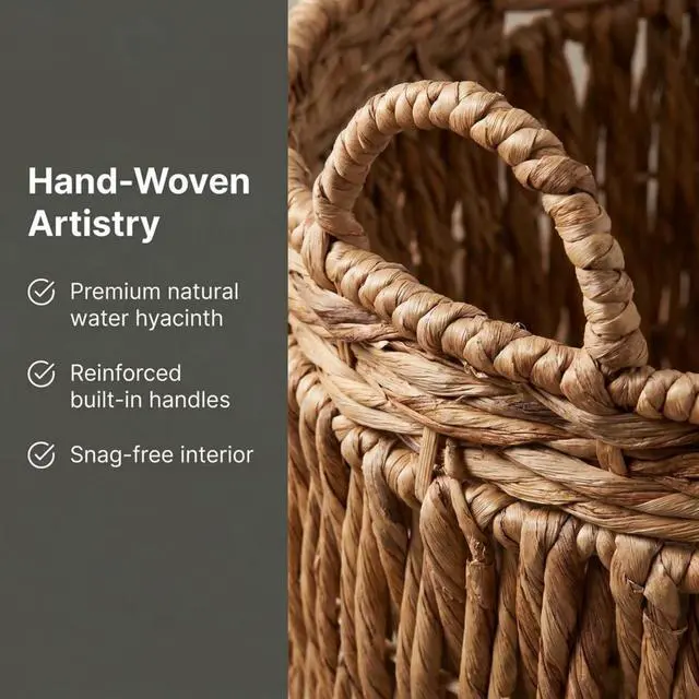 Alt view image 2 of 7 - Handwoven Tall Water Hyacinth Floor Basket Decorative Wicker Storage Basket with Reinforced Frame and Carry Handles for Laundry Blanket Household Storage