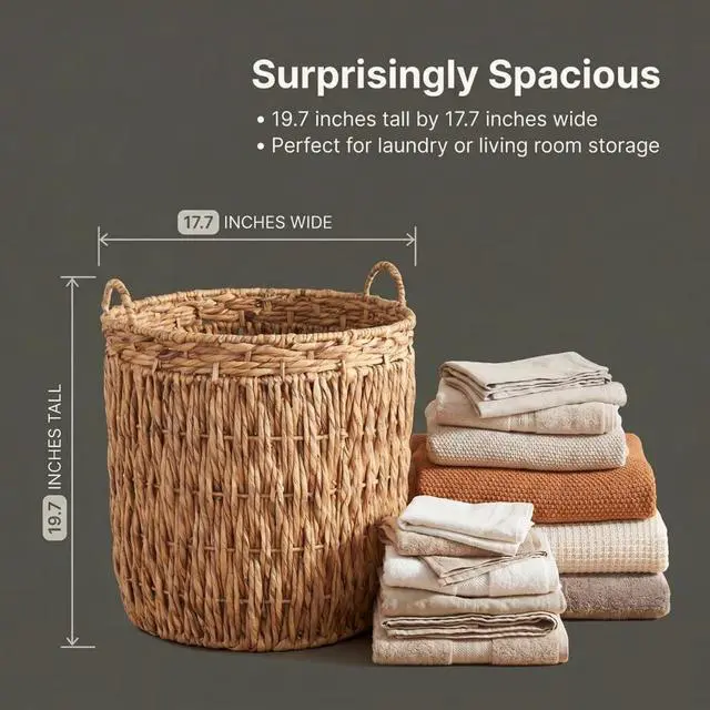 Alt view image 3 of 7 - Handwoven Tall Water Hyacinth Floor Basket Decorative Wicker Storage Basket with Reinforced Frame and Carry Handles for Laundry Blanket Household Storage