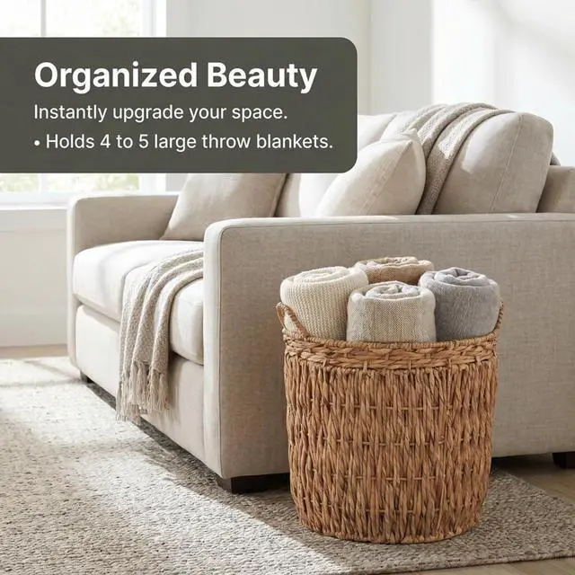 Alt view image 4 of 7 - Handwoven Tall Water Hyacinth Floor Basket Decorative Wicker Storage Basket with Reinforced Frame and Carry Handles for Laundry Blanket Household Storage