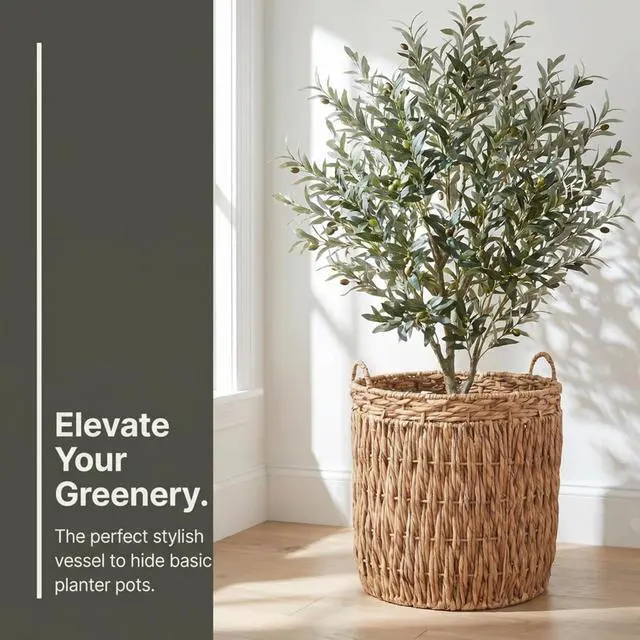 Alt view image 7 of 7 - Handwoven Tall Water Hyacinth Floor Basket Decorative Wicker Storage Basket with Reinforced Frame and Carry Handles for Laundry Blanket Household Storage