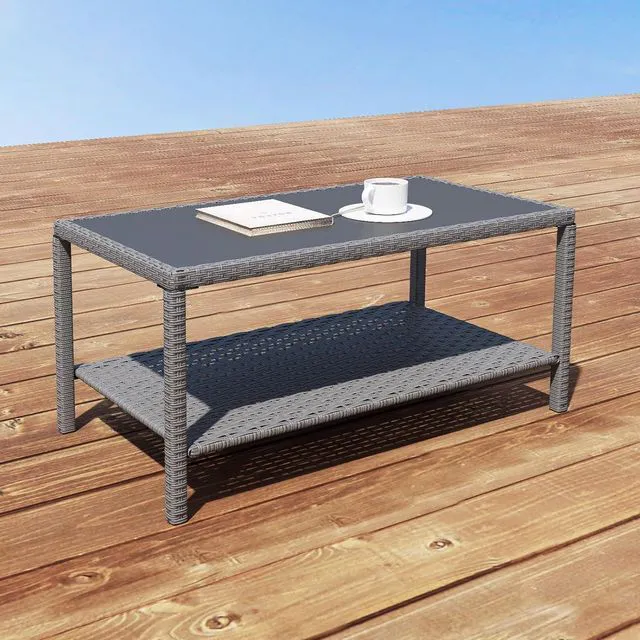 Main image of Rectangle All Weather PE Wicker Outdoor Side Table with Glass Top, Powder Coated Steel Frame Small Patio Coffee Storage End Table for Backyard Balcony Garden Deck