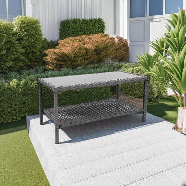 Alt view image 6 of 7 - Rectangle All Weather PE Wicker Outdoor Side Table with Glass Top, Powder Coated Steel Frame Small Patio Coffee Storage End Table for Backyard Balcony Garden Deck