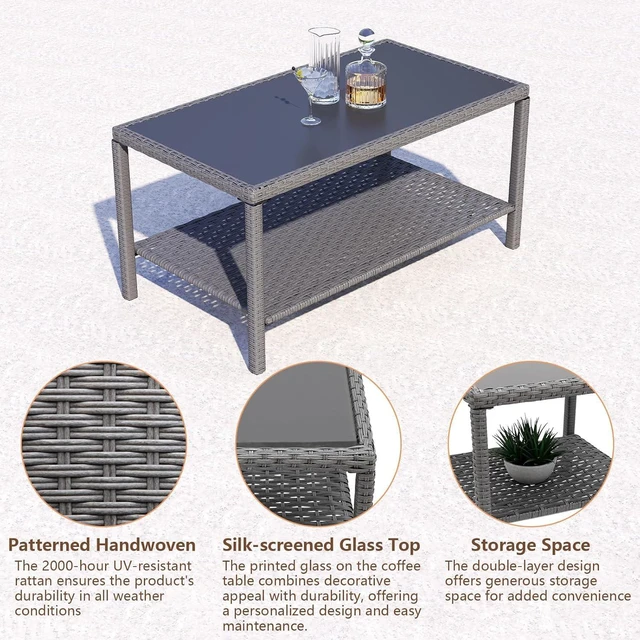 Alt view image 5 of 7 - Rectangle All Weather PE Wicker Outdoor Side Table with Glass Top, Powder Coated Steel Frame Small Patio Coffee Storage End Table for Backyard Balcony Garden Deck