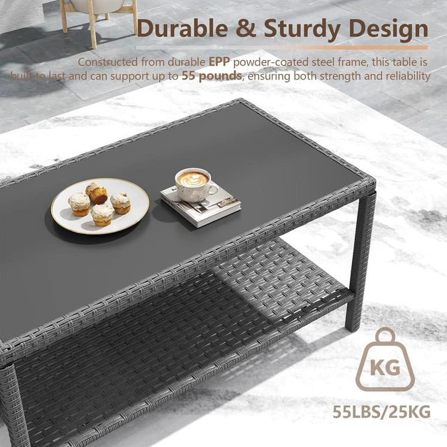 Alt view image 3 of 7 - Rectangle All Weather PE Wicker Outdoor Side Table with Glass Top, Powder Coated Steel Frame Small Patio Coffee Storage End Table for Backyard Balcony Garden Deck