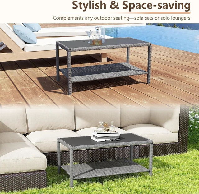 Alt view image 4 of 7 - Rectangle All Weather PE Wicker Outdoor Side Table with Glass Top, Powder Coated Steel Frame Small Patio Coffee Storage End Table for Backyard Balcony Garden Deck