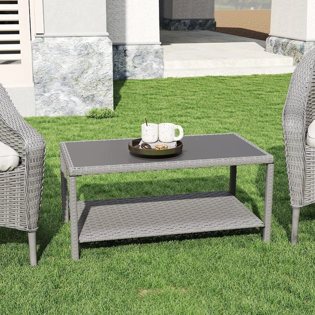 Alt view image 7 of 7 - Rectangle All Weather PE Wicker Outdoor Side Table with Glass Top, Powder Coated Steel Frame Small Patio Coffee Storage End Table for Backyard Balcony Garden Deck