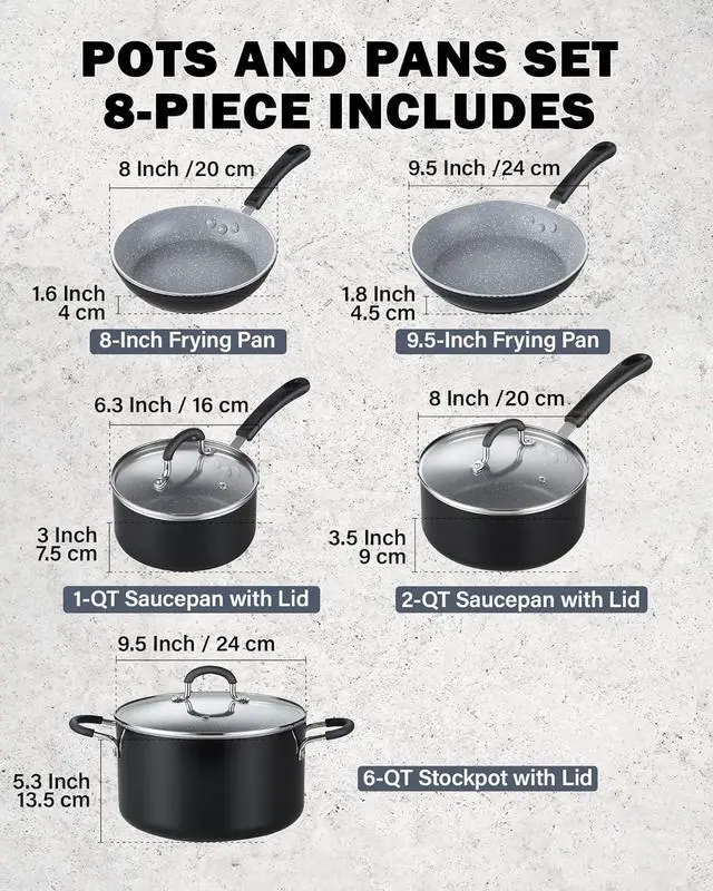 Alt view image 2 of 7 - 8-Piece Marble Nonstick Cookware Set with Glass Lids and Stay-Cool Handles, Heavy Gauge Aluminum Pots and Pans for All Stovetops, Oven Safe