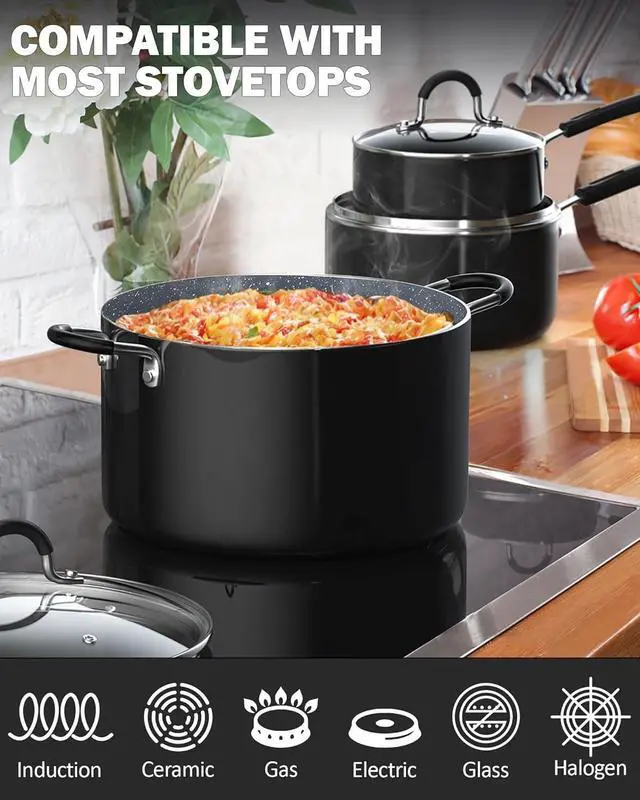 Alt view image 3 of 7 - 8-Piece Marble Nonstick Cookware Set with Glass Lids and Stay-Cool Handles, Heavy Gauge Aluminum Pots and Pans for All Stovetops, Oven Safe