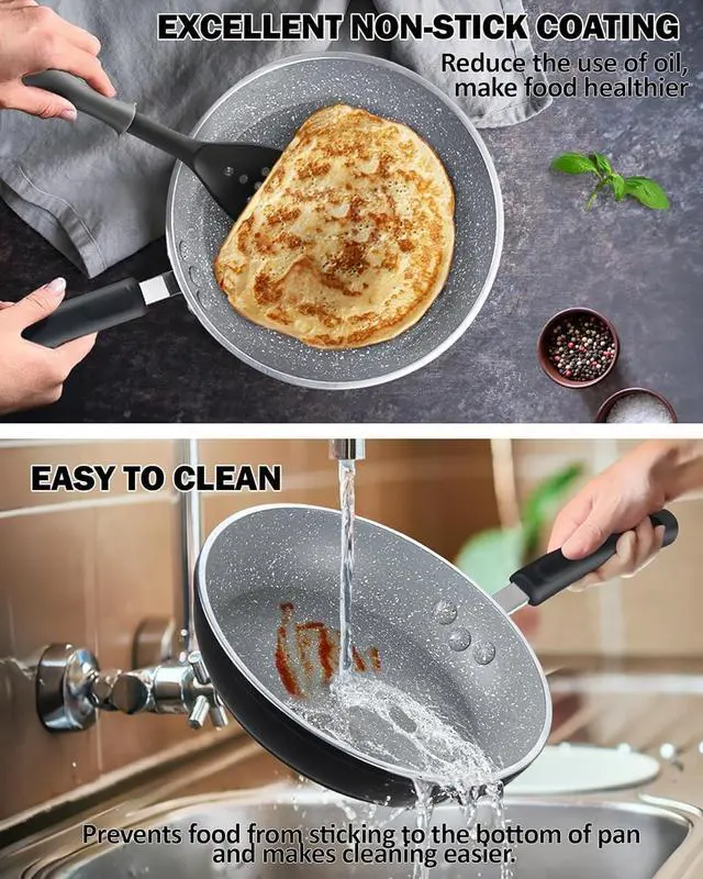 Alt view image 4 of 7 - 8-Piece Marble Nonstick Cookware Set with Glass Lids and Stay-Cool Handles, Heavy Gauge Aluminum Pots and Pans for All Stovetops, Oven Safe
