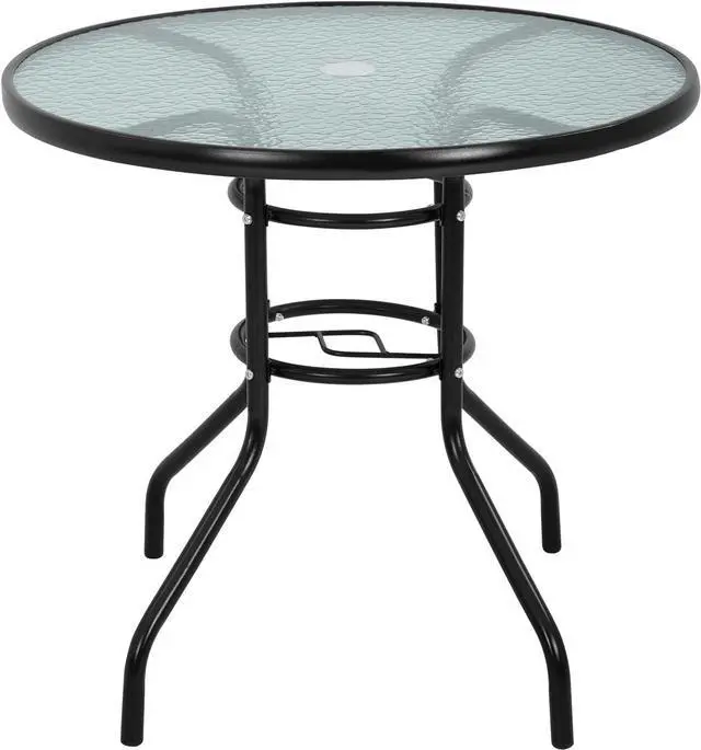 Main image of 32 Inch Round Patio Dining Table, Tempered Glass Outdoor Table with Central Umbrella Hole, Rust Resistant Powder Coated Steel Frame Stable Bistro Table for Yard Lawn Balcony Garden