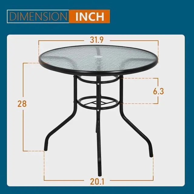 Alt view image 2 of 7 - 32 Inch Round Patio Dining Table, Tempered Glass Outdoor Table with Central Umbrella Hole, Rust Resistant Powder Coated Steel Frame Stable Bistro Table for Yard Lawn Balcony Garden