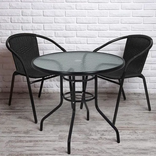 Alt view image 3 of 7 - 32 Inch Round Patio Dining Table, Tempered Glass Outdoor Table with Central Umbrella Hole, Rust Resistant Powder Coated Steel Frame Stable Bistro Table for Yard Lawn Balcony Garden