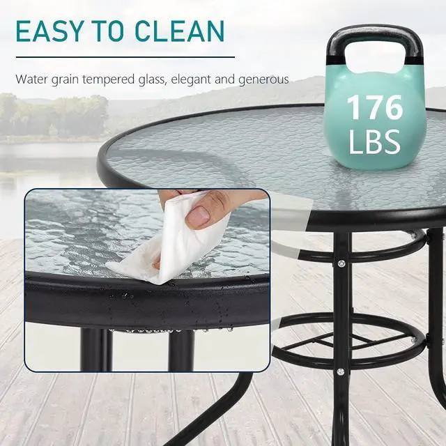 Alt view image 5 of 7 - 32 Inch Round Patio Dining Table, Tempered Glass Outdoor Table with Central Umbrella Hole, Rust Resistant Powder Coated Steel Frame Stable Bistro Table for Yard Lawn Balcony Garden