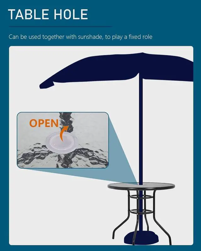 Alt view image 4 of 7 - 32 Inch Round Patio Dining Table, Tempered Glass Outdoor Table with Central Umbrella Hole, Rust Resistant Powder Coated Steel Frame Stable Bistro Table for Yard Lawn Balcony Garden