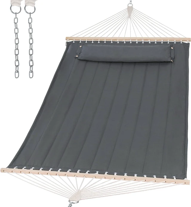 Main image of 2 Person Quilted Hammock, Extra Large Portable Outdoor Indoor Hammock with Hardwood Spreader Bar, Soft Pillow and Thickened Polycotton Ropes, Heavy Duty Supports 475lbs for Yard Patio Camping, Gray