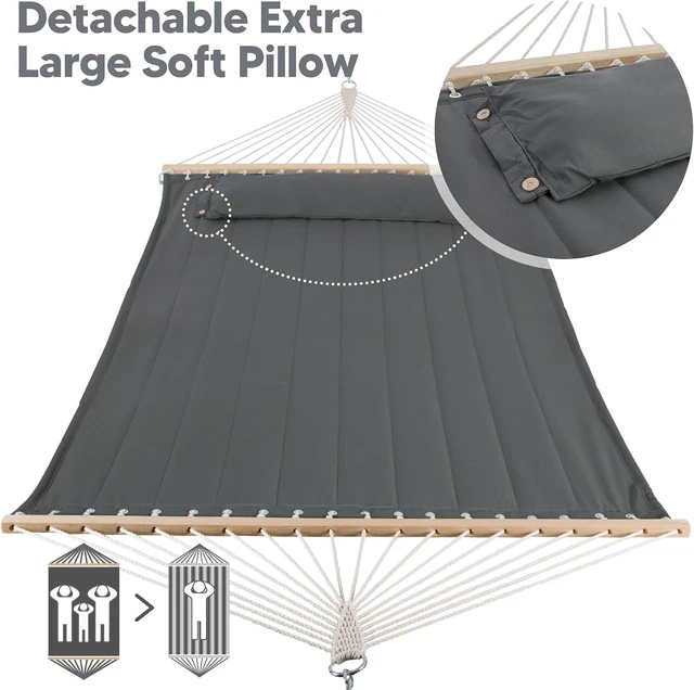 Alt view image 3 of 7 - 2 Person Quilted Hammock, Extra Large Portable Outdoor Indoor Hammock with Hardwood Spreader Bar, Soft Pillow and Thickened Polycotton Ropes, Heavy Duty Supports 475lbs for Yard Patio Camping, Gray