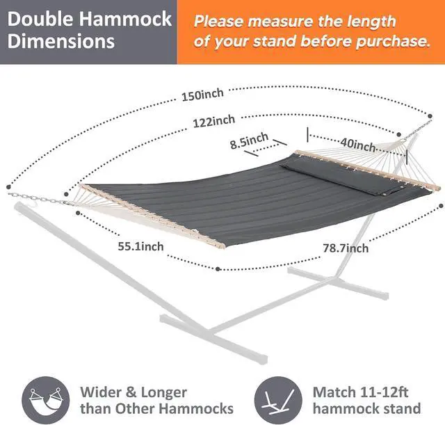 Alt view image 4 of 7 - 2 Person Quilted Hammock, Extra Large Portable Outdoor Indoor Hammock with Hardwood Spreader Bar, Soft Pillow and Thickened Polycotton Ropes, Heavy Duty Supports 475lbs for Yard Patio Camping, Gray
