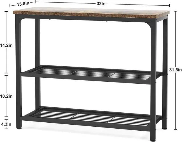 Alt view image 2 of 6 - 32 Inch Narrow Industrial Console Table, Rustic Wood Top Sofa Table with Double Mesh Storage Shelves, Sturdy Metal Frame Multifunctional Accent Table for Entryway Hallway Foyer Living Room Kitchen