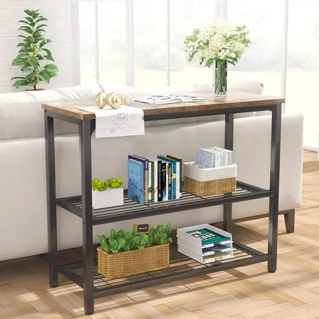 Alt view image 4 of 6 - 32 Inch Narrow Industrial Console Table, Rustic Wood Top Sofa Table with Double Mesh Storage Shelves, Sturdy Metal Frame Multifunctional Accent Table for Entryway Hallway Foyer Living Room Kitchen