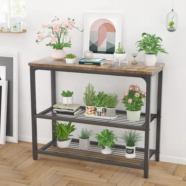 Alt view image 6 of 6 - 32 Inch Narrow Industrial Console Table, Rustic Wood Top Sofa Table with Double Mesh Storage Shelves, Sturdy Metal Frame Multifunctional Accent Table for Entryway Hallway Foyer Living Room Kitchen