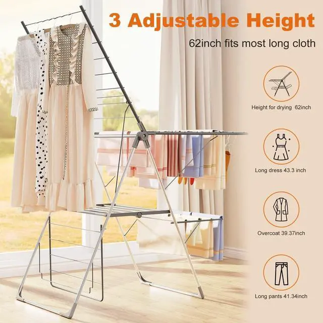 Alt view image 3 of 7 - 2-Tier Foldable Stainless Steel Clothes Drying Rack with 33 Rails, Height Adjustable Collapsible Laundry Stand 56.1" L × 22.7" W, Space Saving Gray Dryer Rack for Indoor Outdoor