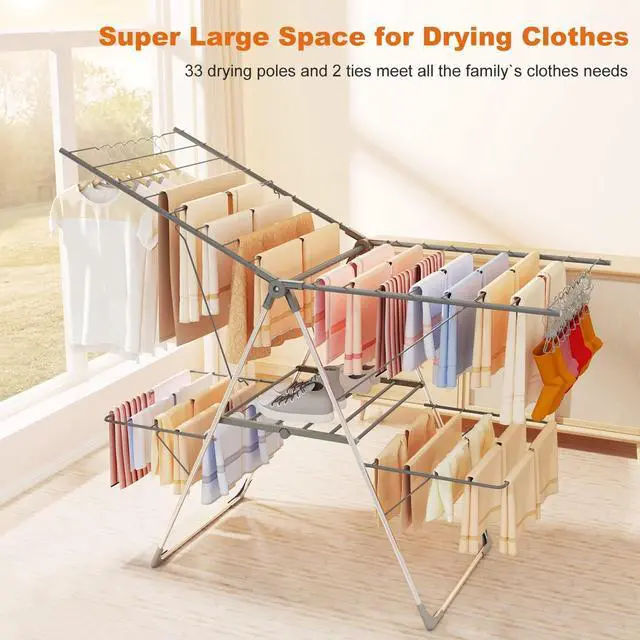 Alt view image 2 of 7 - 2-Tier Foldable Stainless Steel Clothes Drying Rack with 33 Rails, Height Adjustable Collapsible Laundry Stand 56.1" L × 22.7" W, Space Saving Gray Dryer Rack for Indoor Outdoor