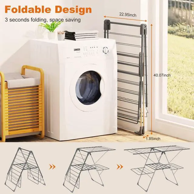 Alt view image 4 of 7 - 2-Tier Foldable Stainless Steel Clothes Drying Rack with 33 Rails, Height Adjustable Collapsible Laundry Stand 56.1" L × 22.7" W, Space Saving Gray Dryer Rack for Indoor Outdoor