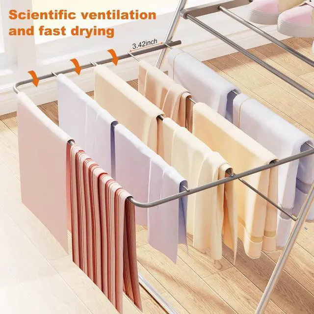Alt view image 5 of 7 - 2-Tier Foldable Stainless Steel Clothes Drying Rack with 33 Rails, Height Adjustable Collapsible Laundry Stand 56.1" L × 22.7" W, Space Saving Gray Dryer Rack for Indoor Outdoor