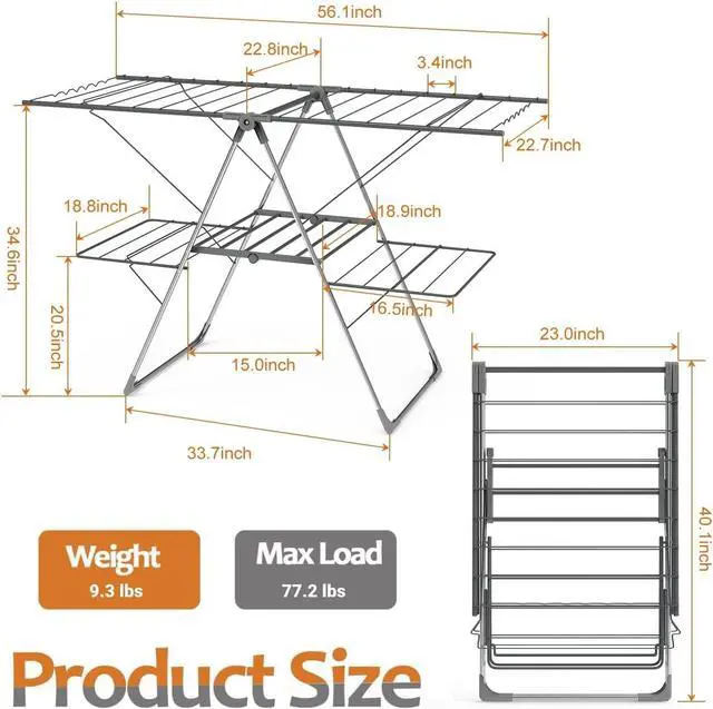Alt view image 6 of 7 - 2-Tier Foldable Stainless Steel Clothes Drying Rack with 33 Rails, Height Adjustable Collapsible Laundry Stand 56.1" L × 22.7" W, Space Saving Gray Dryer Rack for Indoor Outdoor