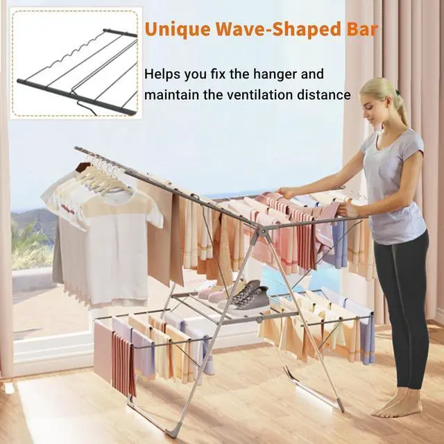 Alt view image 7 of 7 - 2-Tier Foldable Stainless Steel Clothes Drying Rack with 33 Rails, Height Adjustable Collapsible Laundry Stand 56.1" L × 22.7" W, Space Saving Gray Dryer Rack for Indoor Outdoor