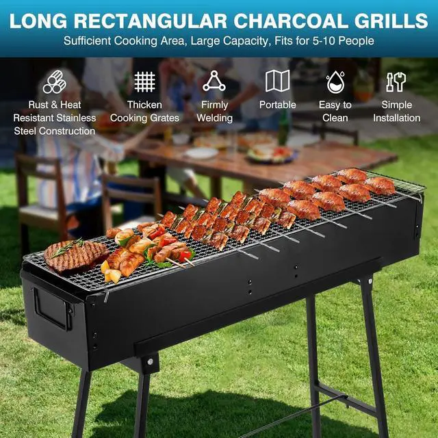 Alt view image 2 of 7 - 32 Inch Portable Folding Stainless Steel Charcoal Grill, Large Barbecue Grill for Lamb Skewers, Outdoor Cooking for Patio, Party, Camping, Home & Commercial Use, Black