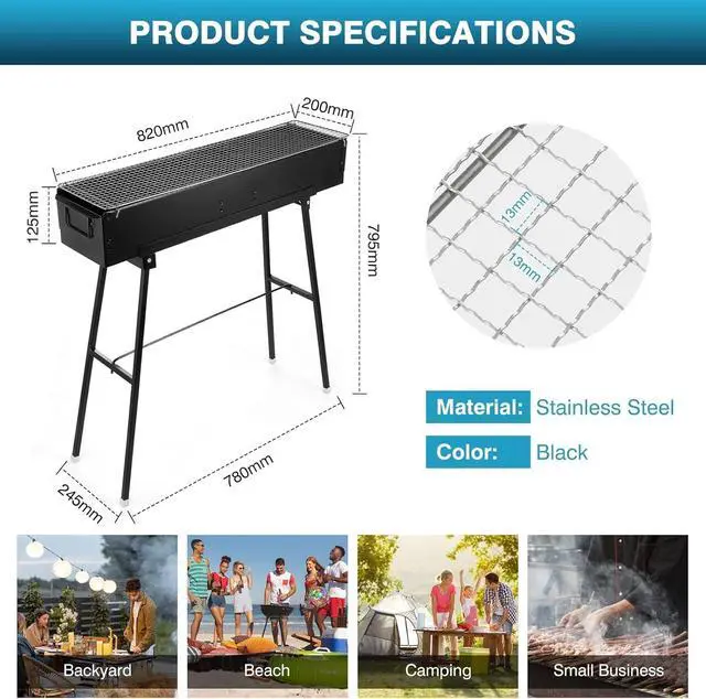 Alt view image 3 of 7 - 32 Inch Portable Folding Stainless Steel Charcoal Grill, Large Barbecue Grill for Lamb Skewers, Outdoor Cooking for Patio, Party, Camping, Home & Commercial Use, Black